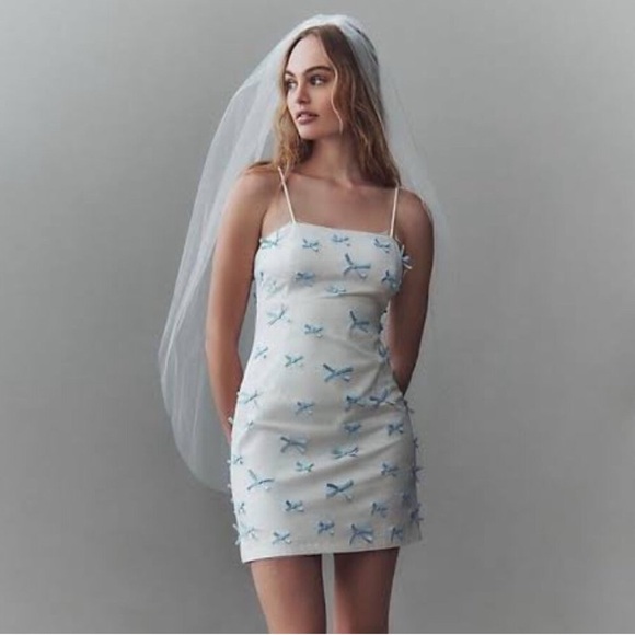 BHDLN Anthropologie Blue Bow Fitted White Mini Dress - Picture 1 of 6